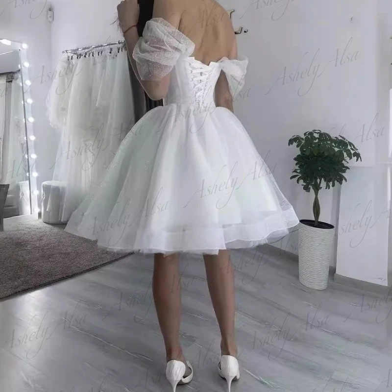 Simple Design Summer Boho Short Wedding Dresses Off Shoulder Ruched Lace Up Ball Gown Beach Bridal Gowns Women Prom Party Wear