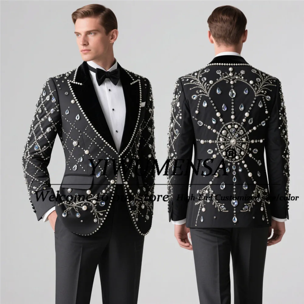

Rhinestone Diamond Suits For Men Black Peaked Lapel Prom Tuxedos Customized Wedding Groom Dress costume homme luxe haute qualité