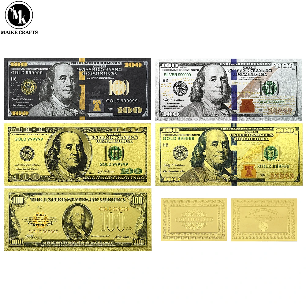 Billete de lámina de oro y plata negro para decoración del hogar, colección de tarjetas de dinero de plástico, regalo de vacaciones, US $100