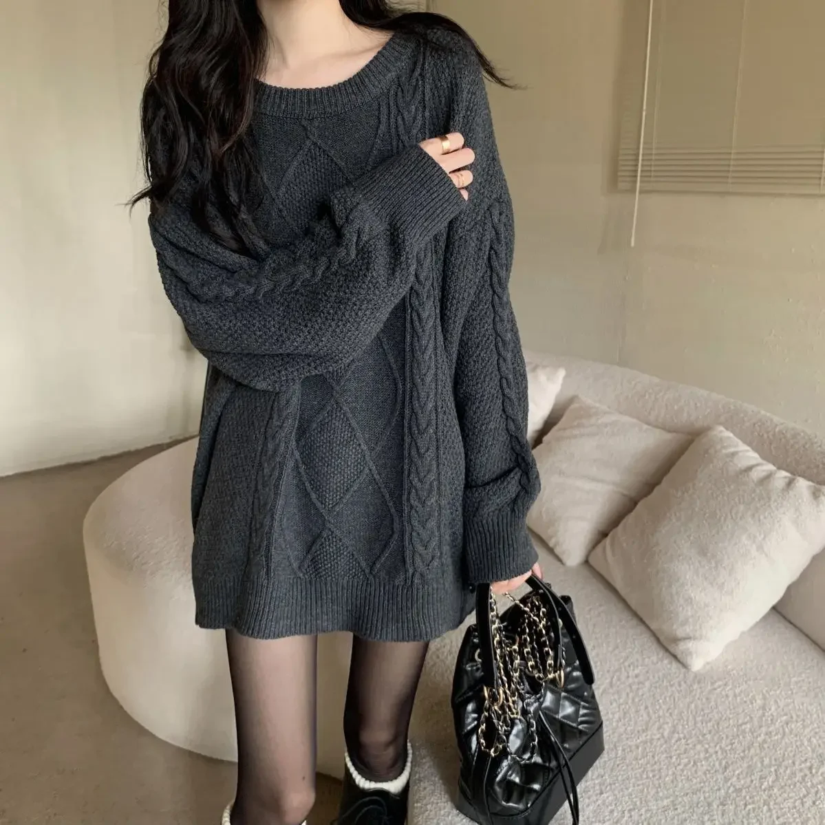 

Loose Long Red Knitwear Autumn Winter Outerwear Lazy Twist Sweater Crew Neck Sleeveless Top Grey Korean Style New 2025