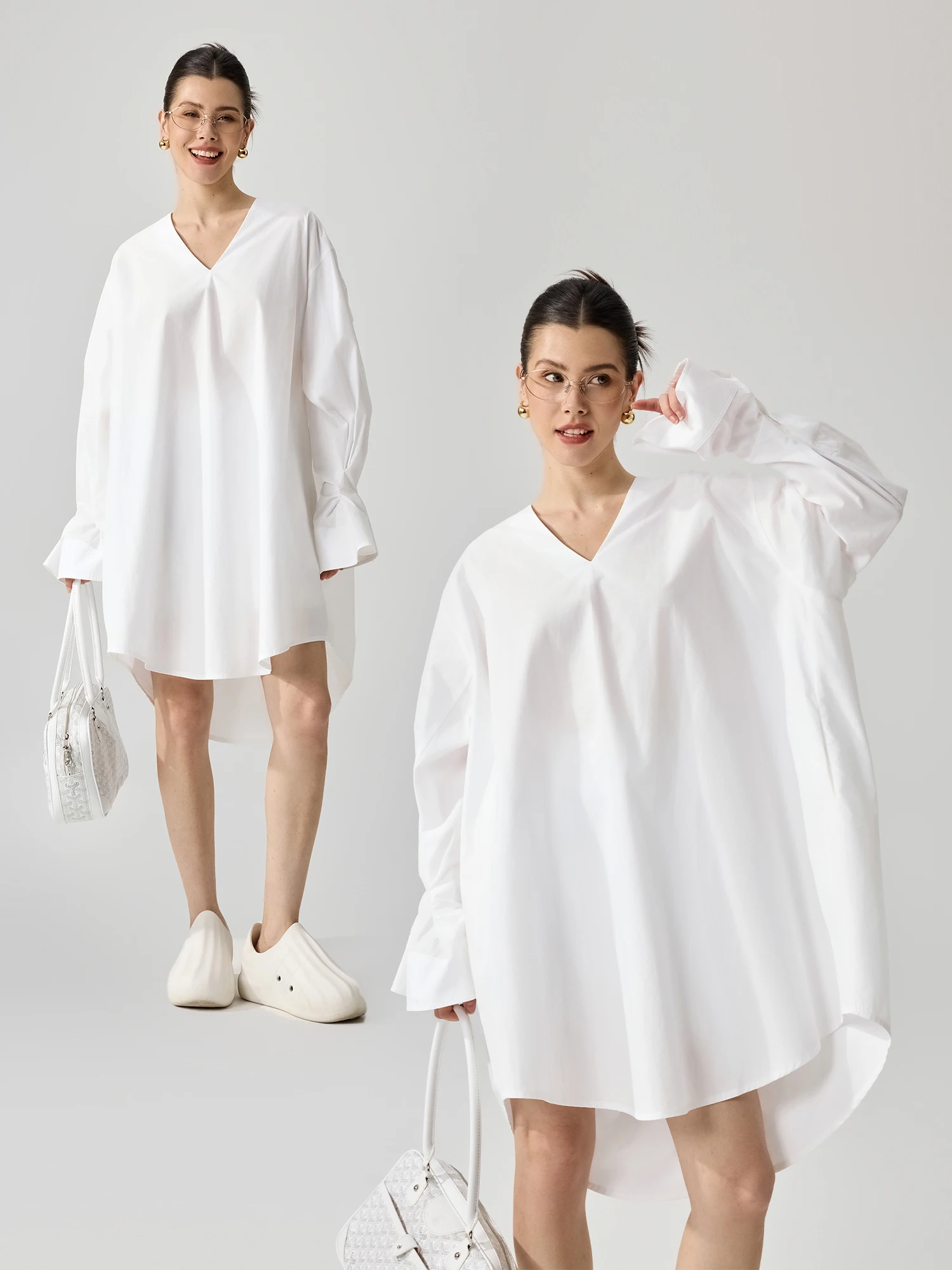 

ZzZHANG Casual V-neck Shirt Dress Loose Fit Comfortable Breathable Pure Cotton Long Sleeve Mid-length A-line Silhouette