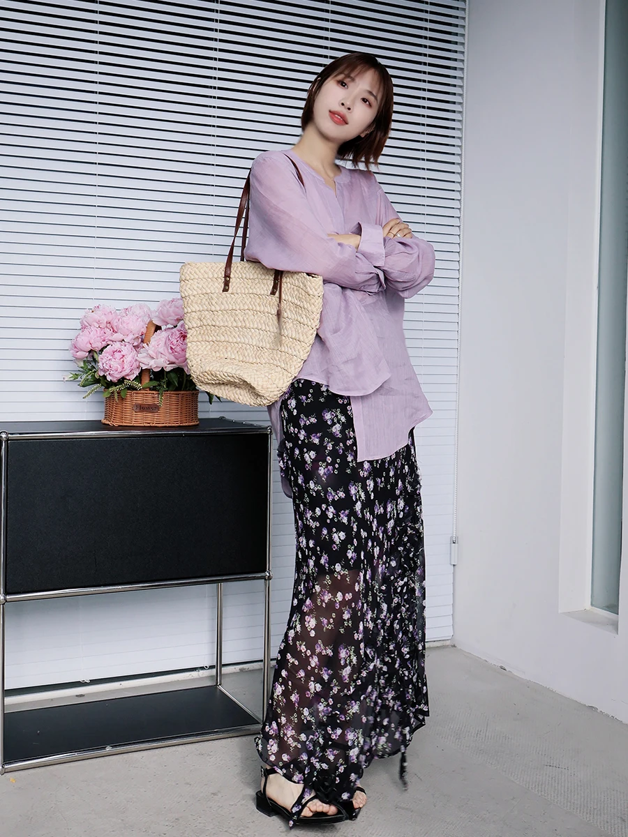 

New 2025 Women's Linen Long Sve irt Transparent Comfortable V-ne Commute Sle Pure Color Loose Fit Summer Top