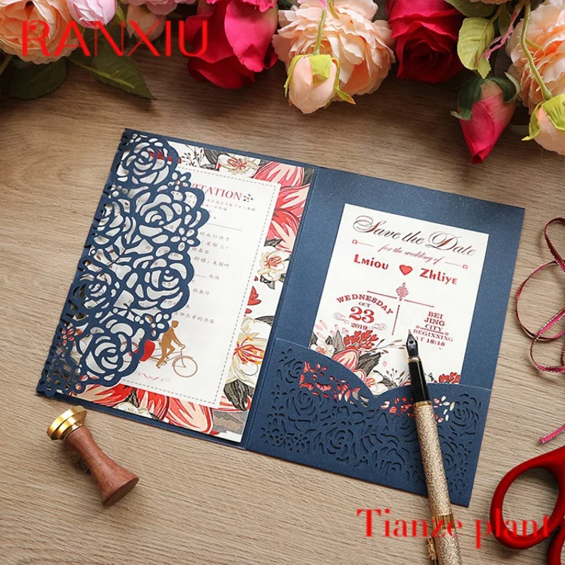 Custom Customized Luxury Wedding Invitations Cards Kits Laser Cut Hollow Rose Pocket Wedding Invitations with Envelopes