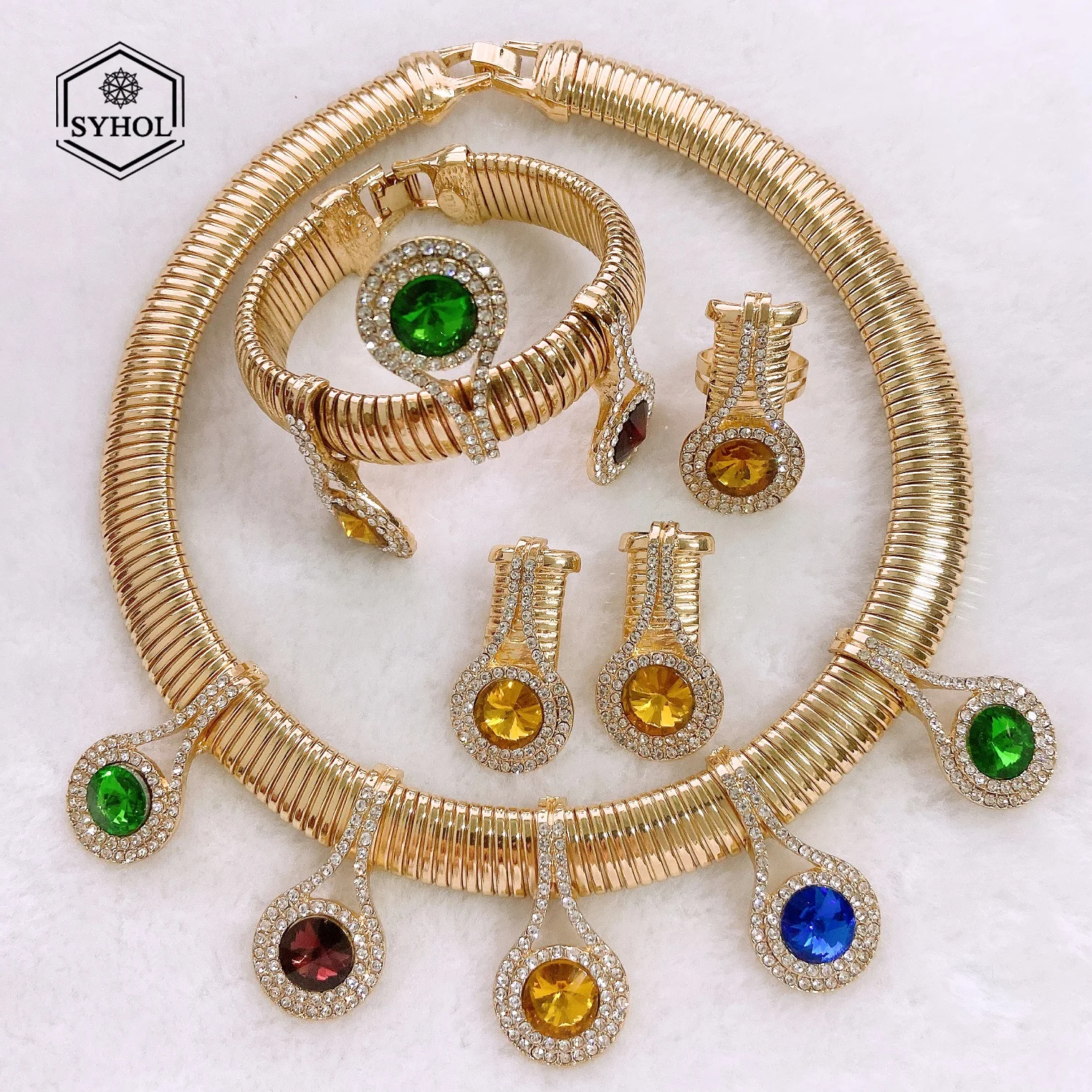 Woman Colorful Artificial Stone Necklace Luxury Jewelry Set Fashion Choker Light Luxury Earrings Wedding Jewelry Gift