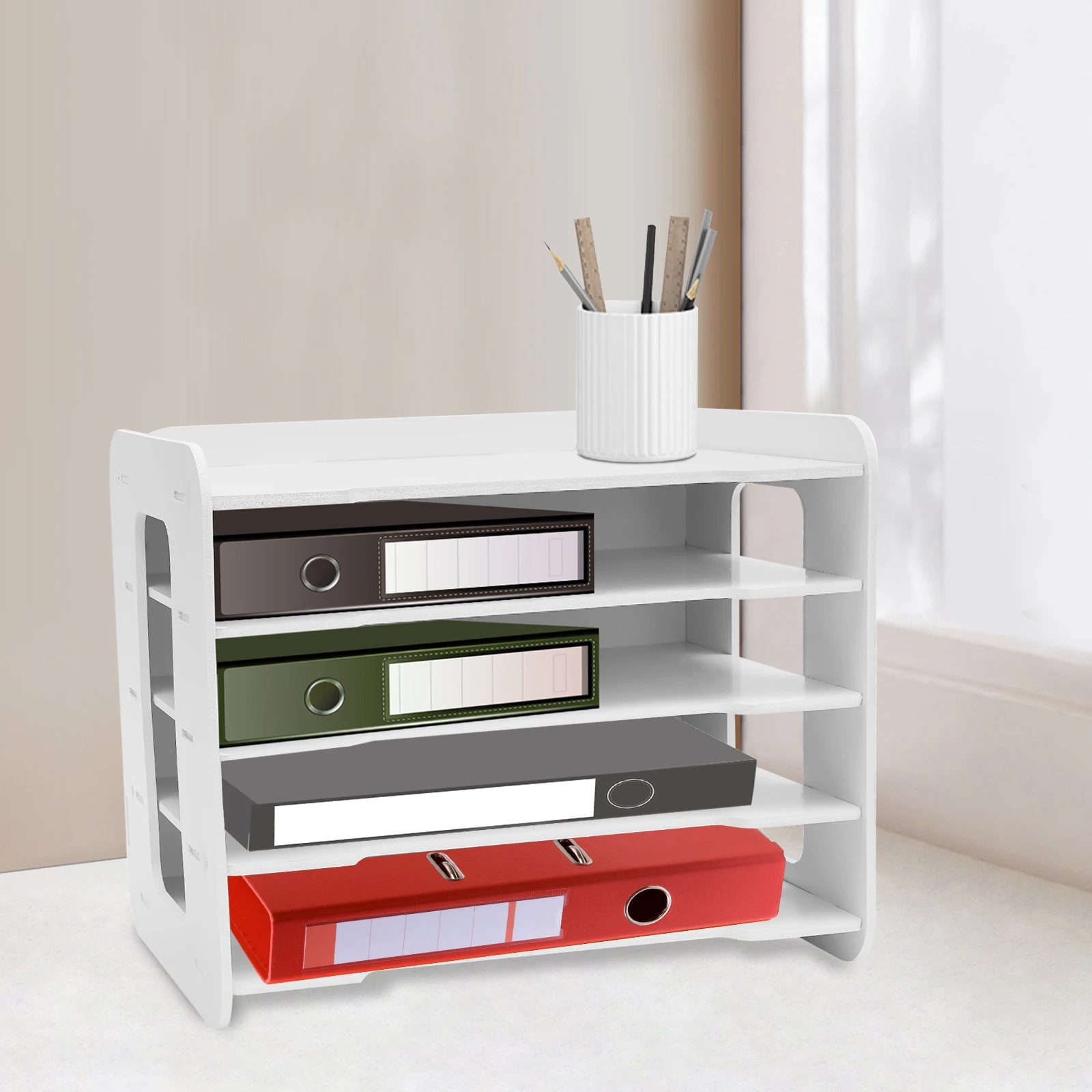 صينية تنظيم المستندات البيضاء مكونة من 5 طبقات - مركب من الخشب والبلاستيك PVC، 13.39 × 10.24 × 10.43 بوصة، هيكل لون نقر، موفر للمساحة