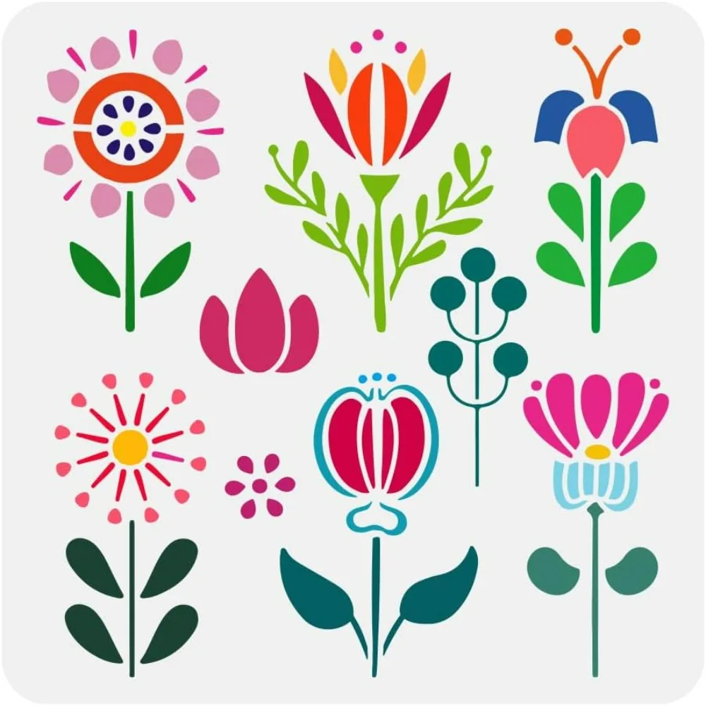 Folk Art Flowers Painting Stencil 11.8x11.8 Inch Reusable Floral Pattern Template for Wood and Furniture - Abstract Folk Design