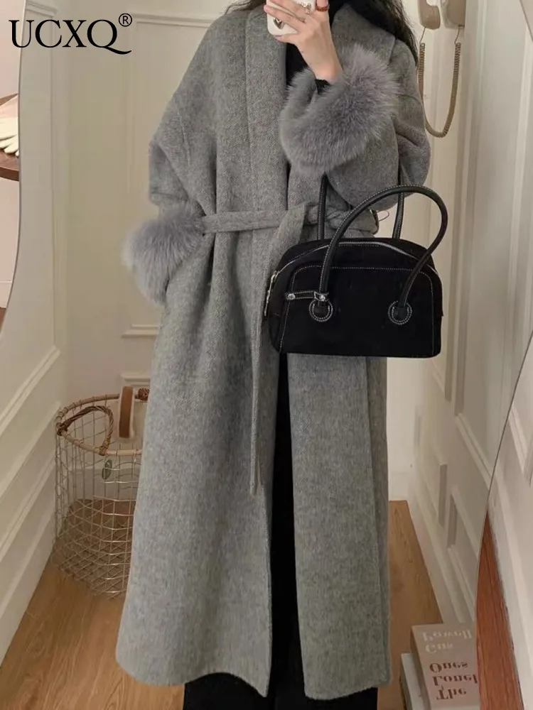 

UCXQ Woolen Thick Warm Gray Long Jacket Length124 Cm Long Woolen Coats Women Spring 2024 Autumn Double-sided Big Size Tops U6790