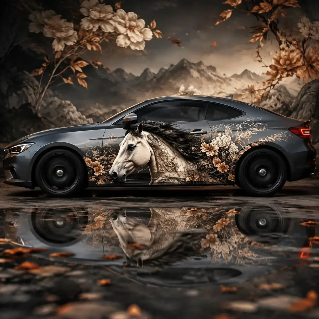 Horse and Floral Art Car Side Vinyl Wrap Decal Sticker