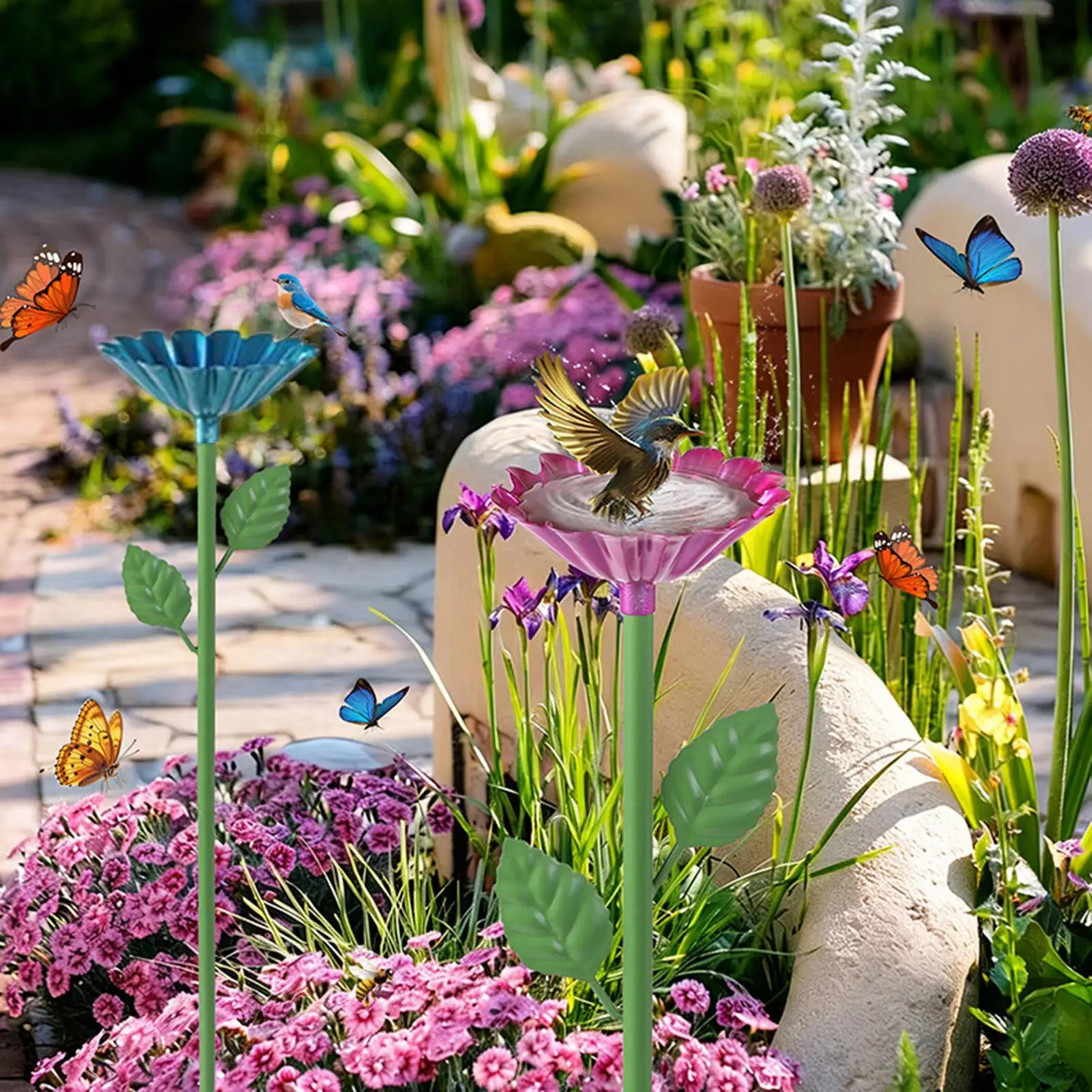 Bee Bath 2 Pieces Flower With Stake Garden Decor Bird Bath Pollinator Watering Station For Wild Hummingbird Butterfly Outdoor