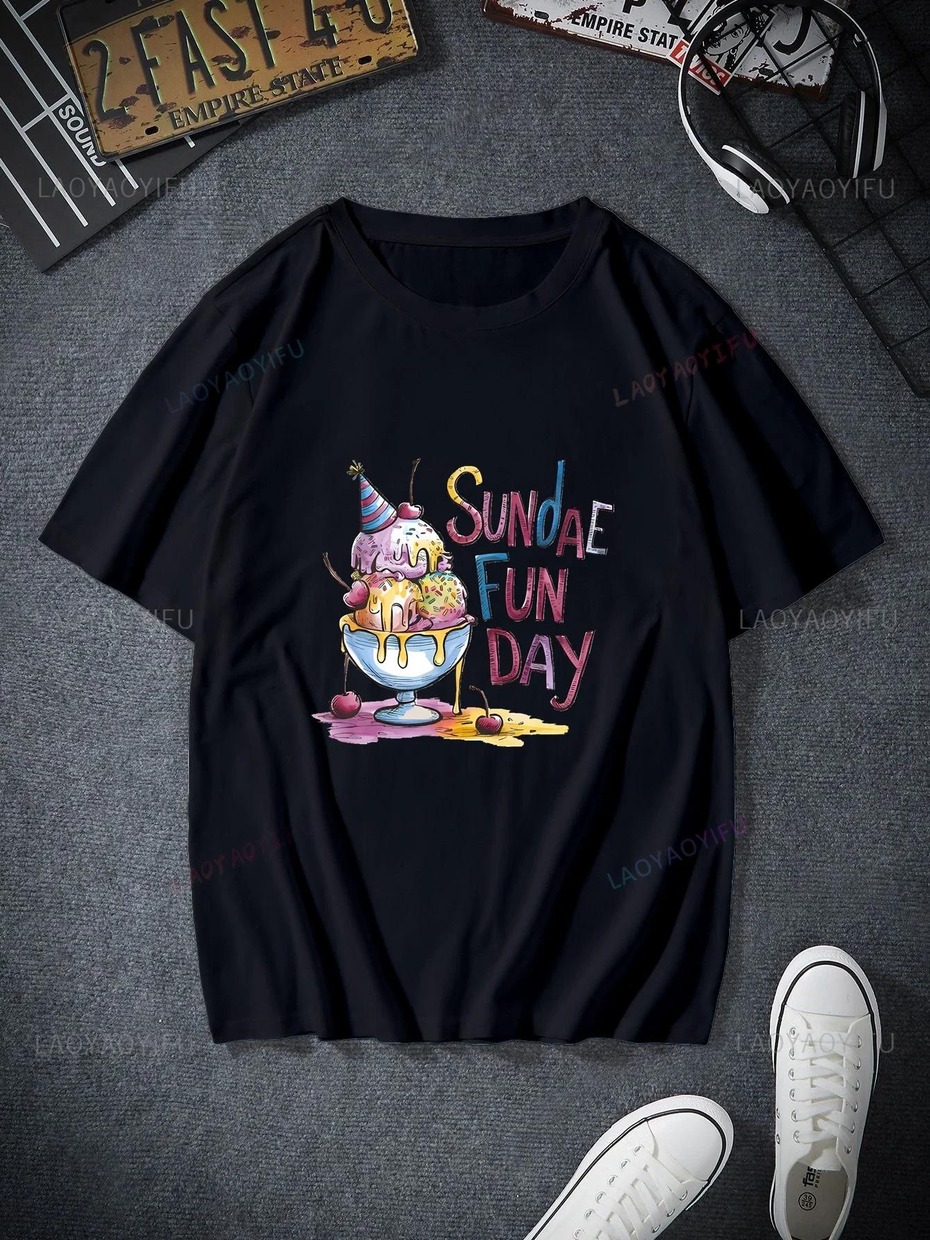 Sundae Fun Day, Humorous Cartoon Sundae Ice Cream Graphic Printed Shirt Unisex Fashion Casual Cotton Short Sleeve T-shirt