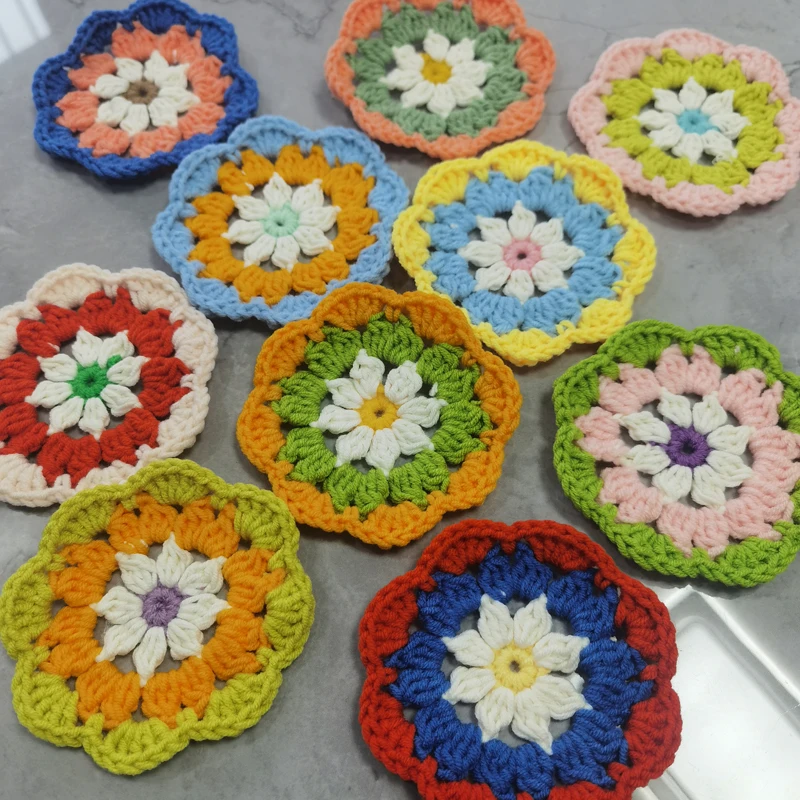 

Original DIY Handmade Crochet Round Doilies Multicolor Flowers Cup Mats 11cm Wool Clothes Patch 30pcs/lot Customizable