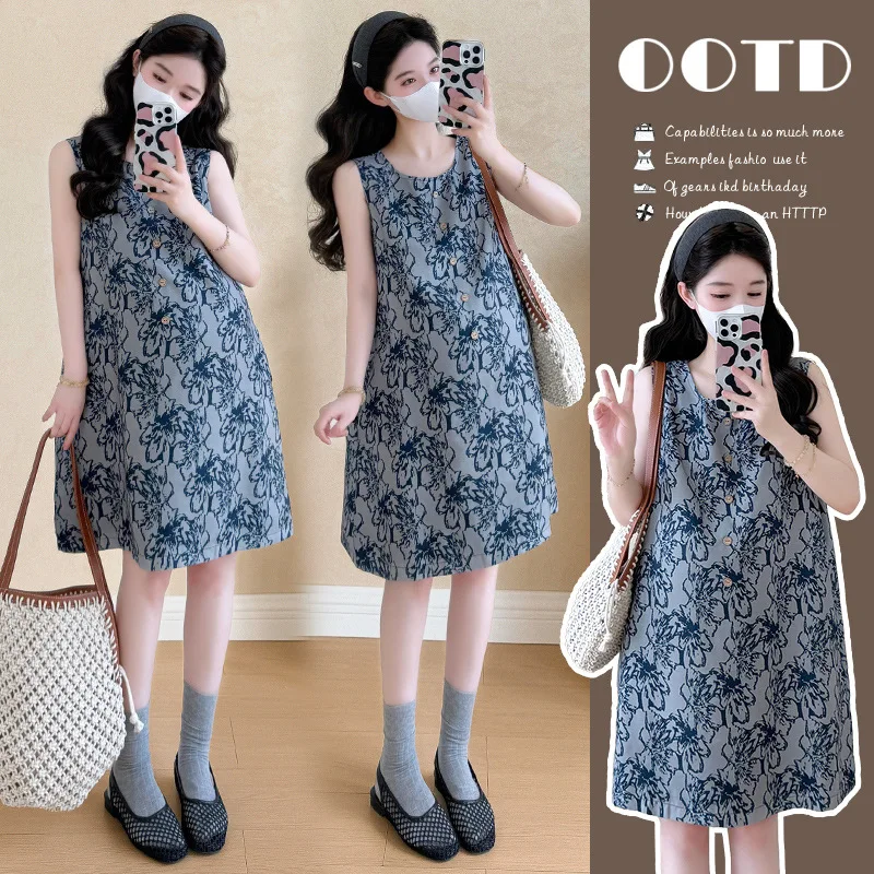 

Petite Maternity Dress Summer Vintage Chinese Ink Print Sleeveless A-Line Dress Loose Fit Traditional Style for Pregnant Women