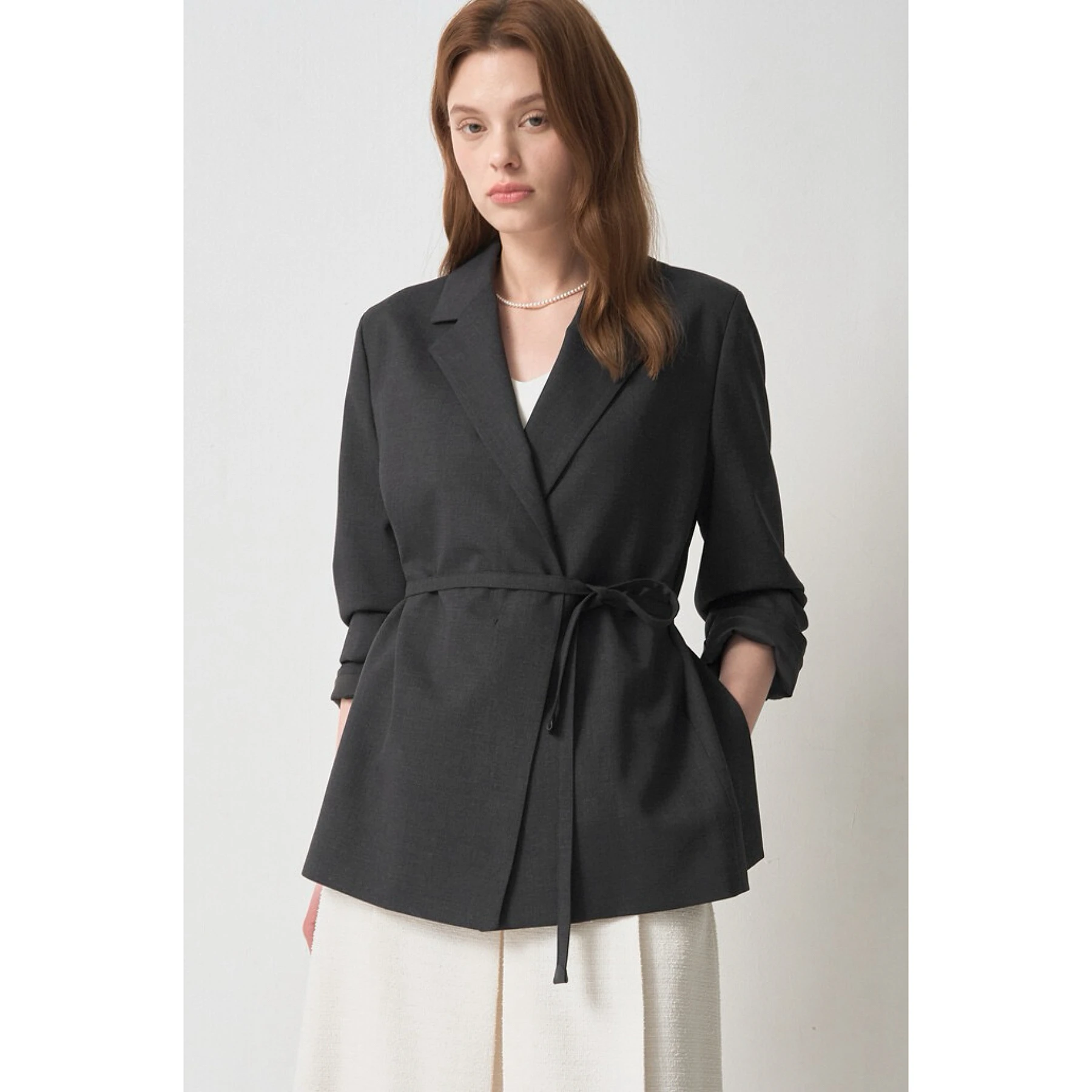 

Minimalist Lemon Cheese Suit Jacket with Collar And Belt Spring Commute Style Women's Loose Fit Long Sleeve Pure Color