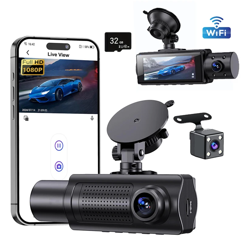 3 cámaras DVR para coche Wifi 1080P cámara de salpicadero interior para vehículo cámara de tres vías DVR grabadora grabadora de vídeo Mini Dashcam videocámara