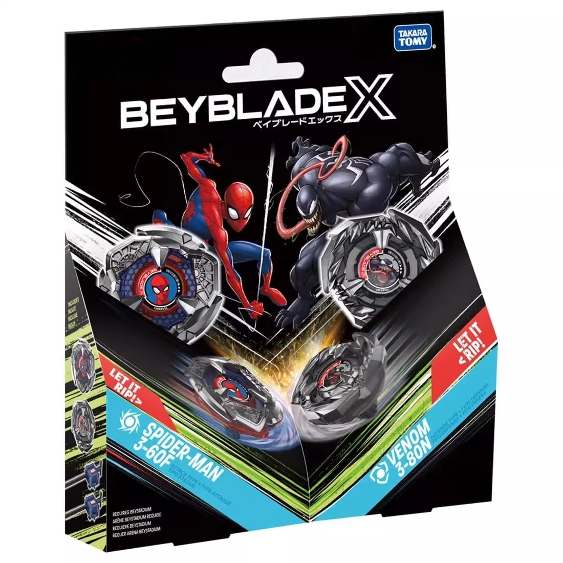 genuine-takara-tomy-bey-x-bxg-30-marvel-spider-man-3-60f-vs-venom-3-80n-dual-pack-set-bxg-30-blade