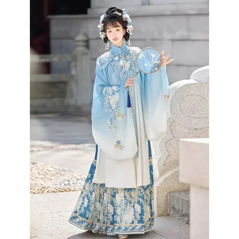 Ming blue embroidered Hanfu women, long jacket horse dress set, traditional party performance clothes