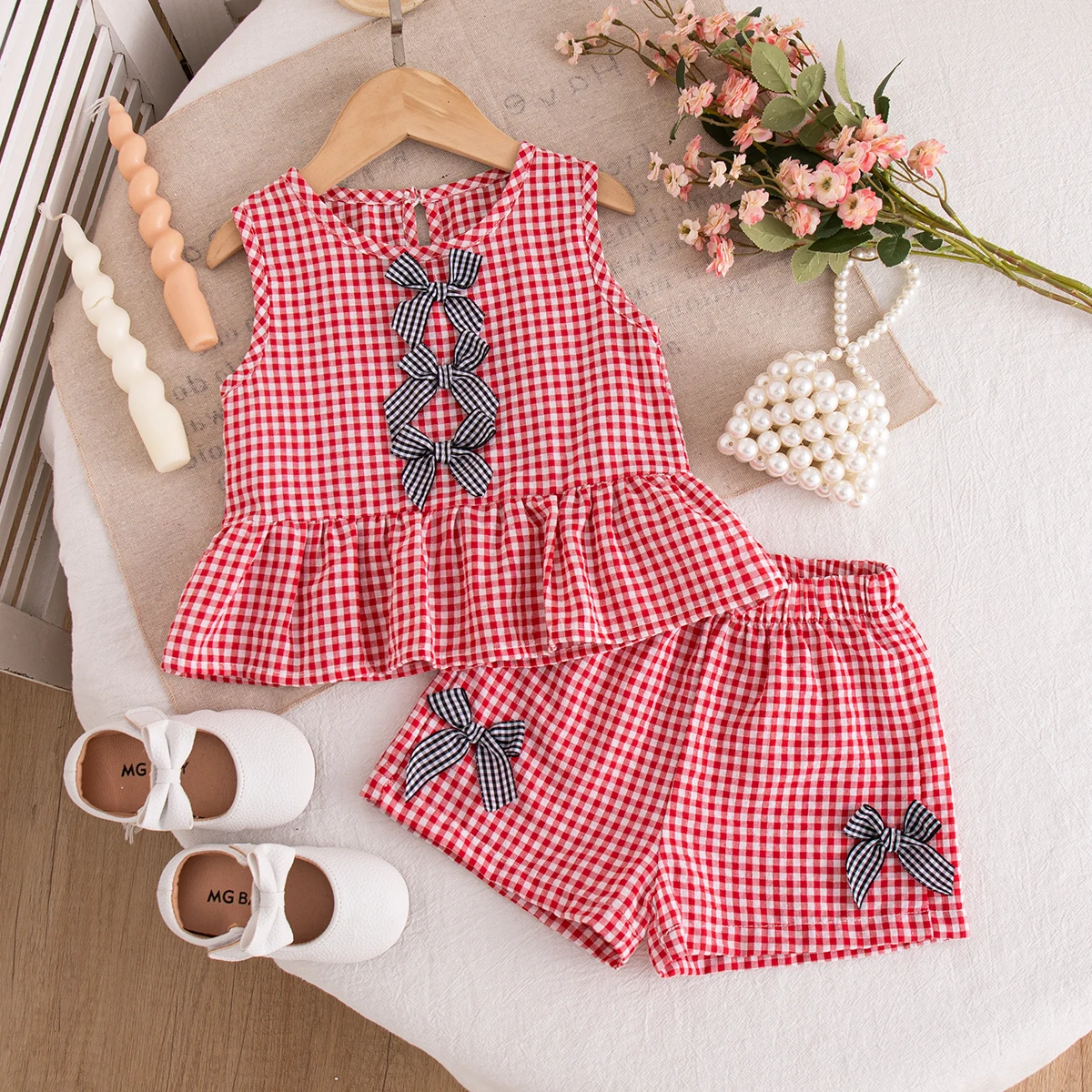 Summer New Red Checkered Baby Girl Two-Piece Sweet Bow Children'S Clothing (6 Months -3 Years Old)