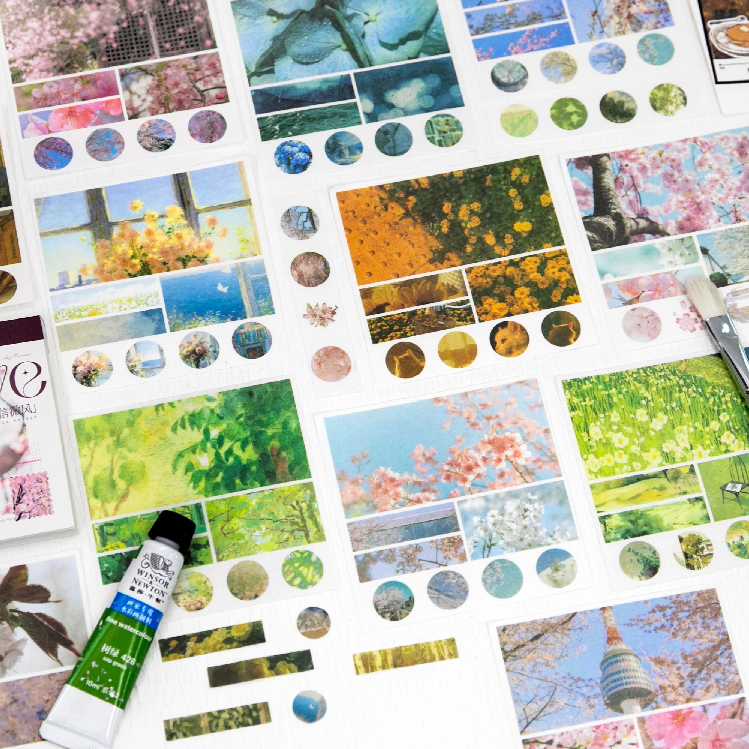 40Pcs Sakura & Nature Landscape Washi Paper Stickers, Aesthetic Floral Scenery Journal Decoration Set