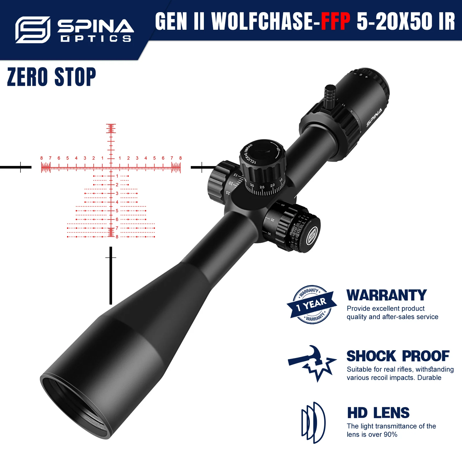 

SPINA OPTICS WolfChase Gen II 5-20x50 FFP Zero Stop Tactical Hunting Rifle Scope Sight 1/10 MIL Real Firearms.308.556.223 etc
