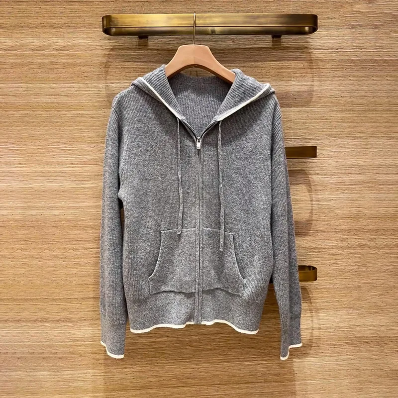 

【Gift Free】High Quality Brand S 2025 Autumn/Winter Simple Drawstring Hooded Knit Zip-Up Cardigan with White-Trimmed Cuffs