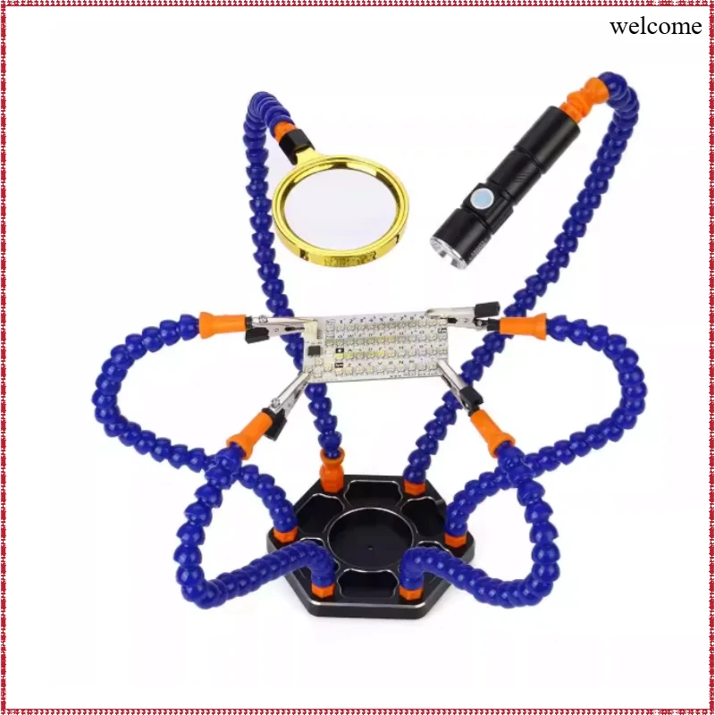 Third Hand Soldering Stand with 6 Flexible Arms Magnifying Glass USB Flashlight Helping Hand Holder for Welding Repair
