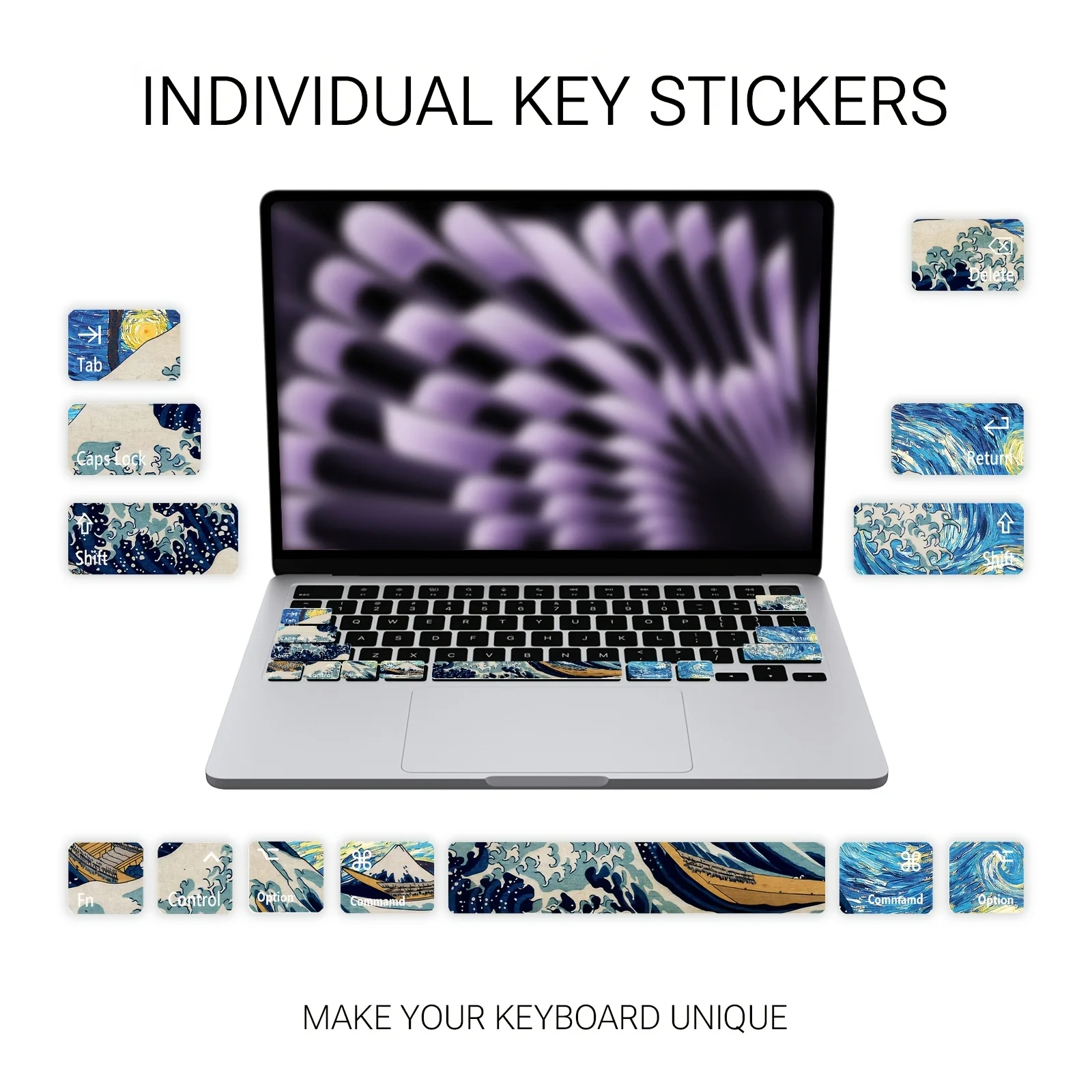 1Set Pre-cut The Great Wave off Kanagawa Keyboard Stickers, Waterproof Retro Ukiyo-e Keycap Decals for Laptop Keyboard Decor