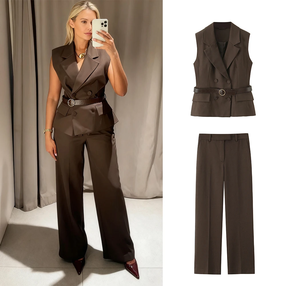 

Коричневый жилет и брюки, комплект из 2 предметов для женщин, осенний женский костюм с поясом, брюки, модные костюмы, офисная одежда, элегантные комплекты