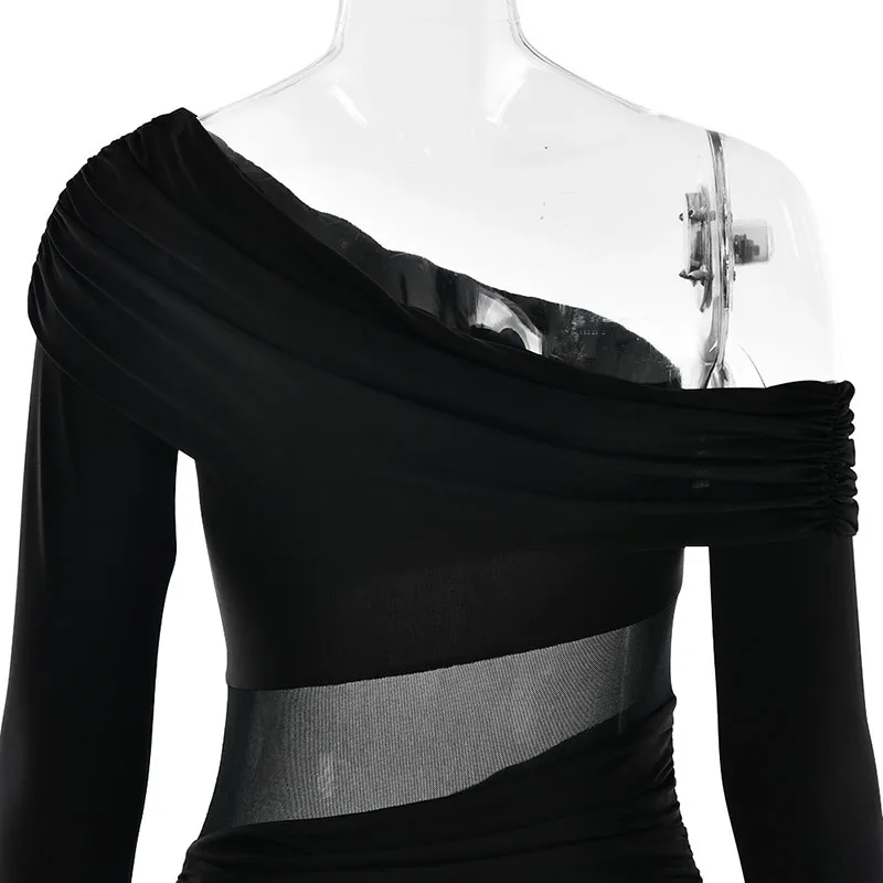 ZHIO Neues Kleid mit schrägem Kragen und langen Ärmeln, sexy schulterfreies Maxikleid mit seitlichem Schlitz, elegantes rückenfreies enges langes Clubkleid für Damen – Detail 15