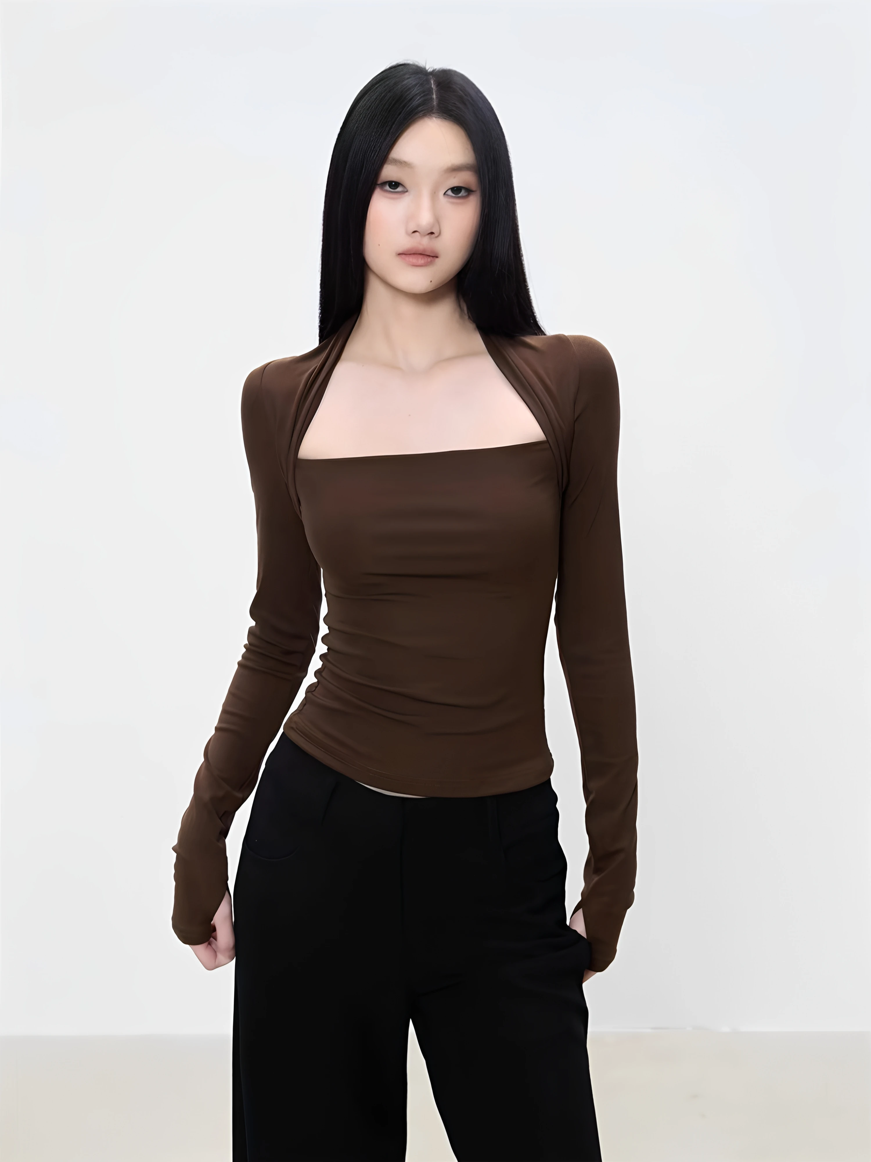 Spring Autumn 2026 Women's Slim Fit Long Sleeve T-Shirt Square Collar Base Shirt Sexy Shoulder Level Inner Wear Commute Style