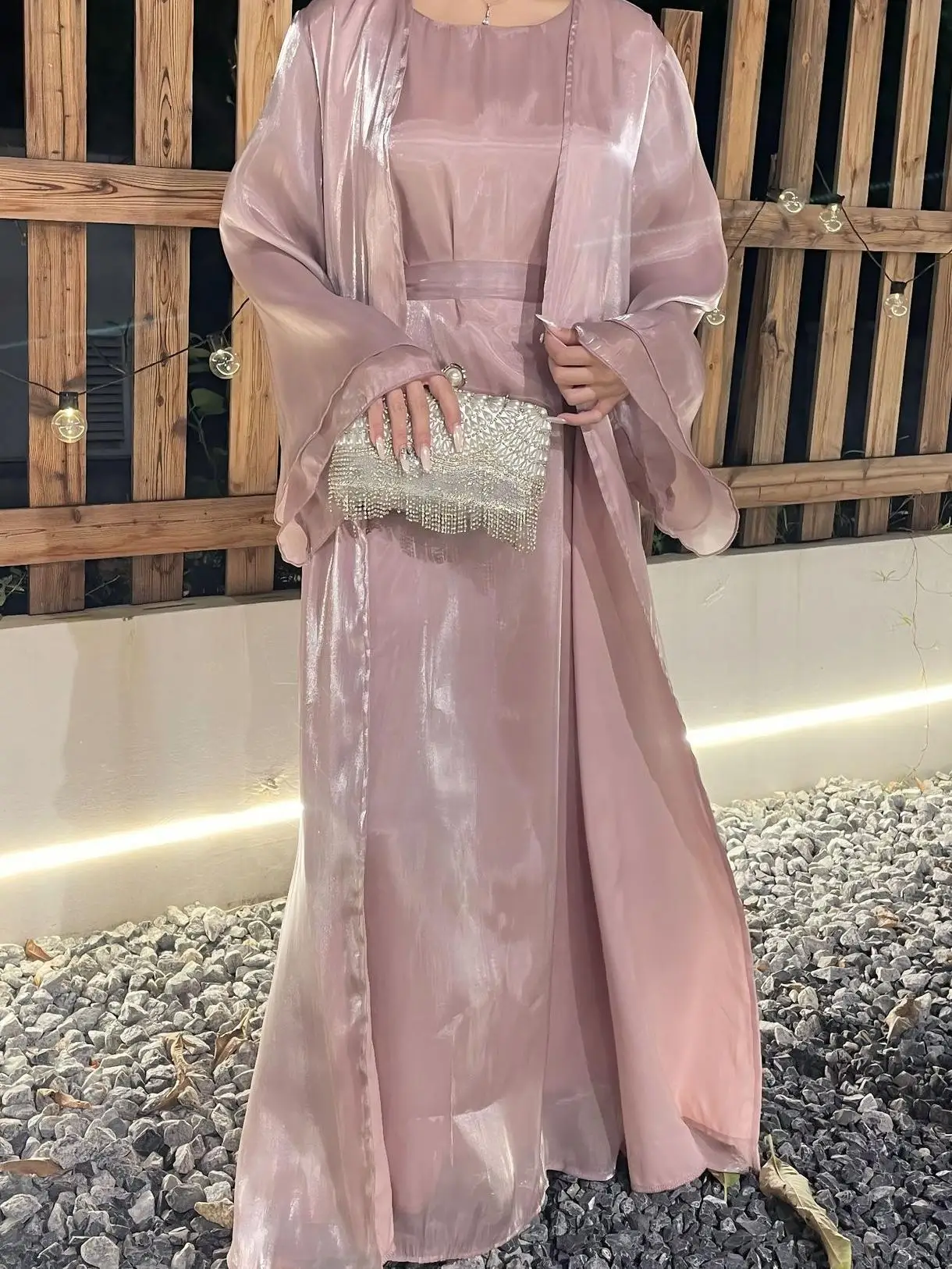 Women's Clothing Muslim Long Dress Two-Piece Dress Shiny Silk Robe Abaya Loose Open Cardigan Robe Abaya