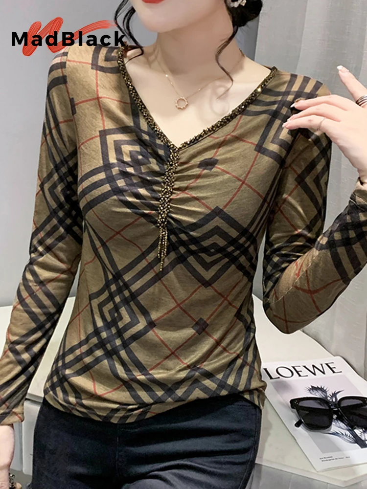 MadBlack Mùa Thu Mùa Xuân Châu Âu Quần Áo Áo Thun Vòng Cổ Sexy Da Báo Đính Hạt Nữ Áo Mới TEE T22020X
