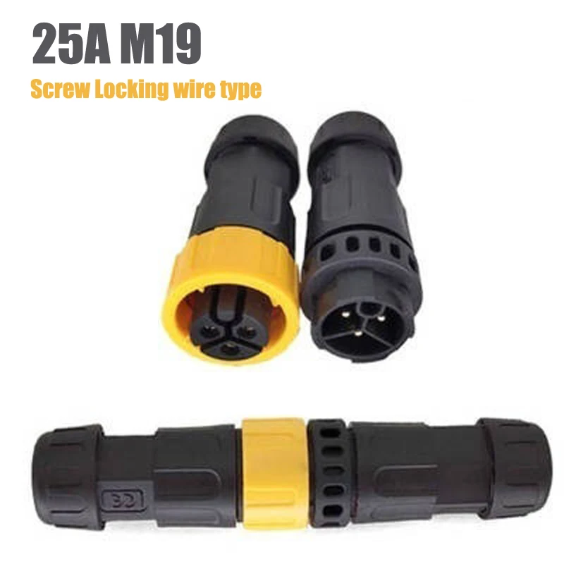 25A M19 Waterproof Male Female Connector Outdoor IP67 2Pin 3Pin Docking Aviation Plug High-power Screw Locking Wire Connectors