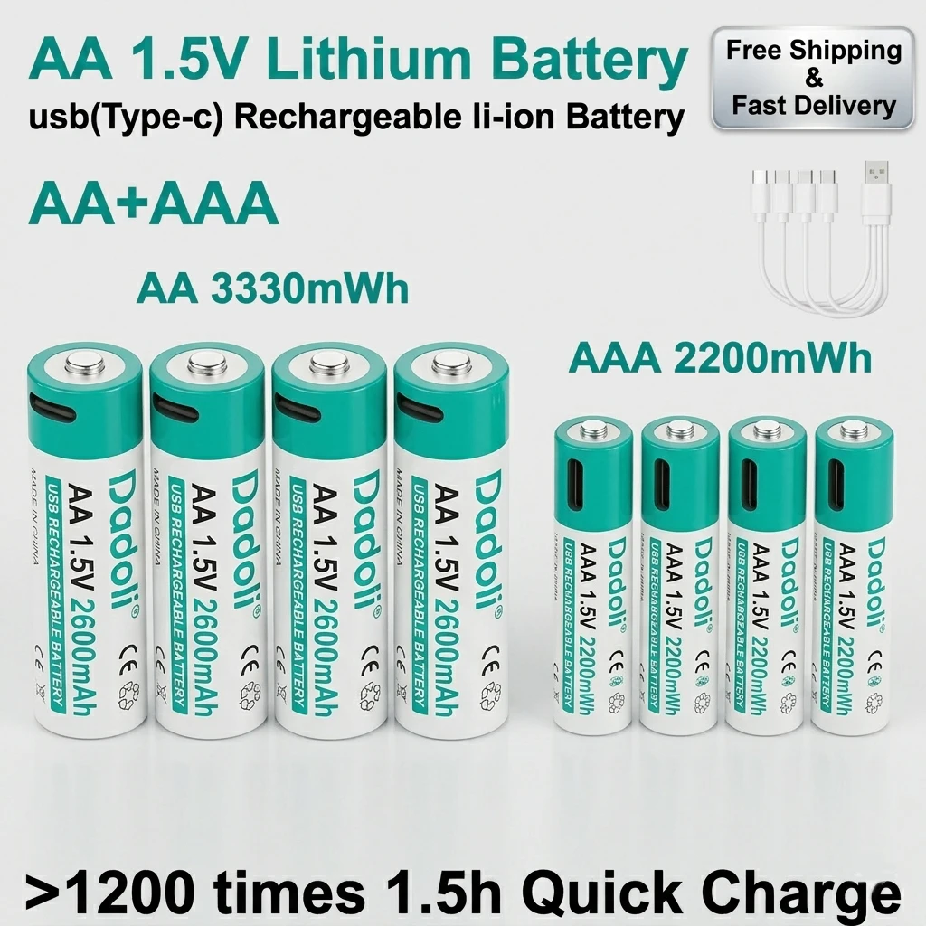 

Type-C USB AA Rechargeable Lithium Battery 1.5V 3330mWh High Capacity Li-ion Cell for Remote Control, Flashlight, Mouse