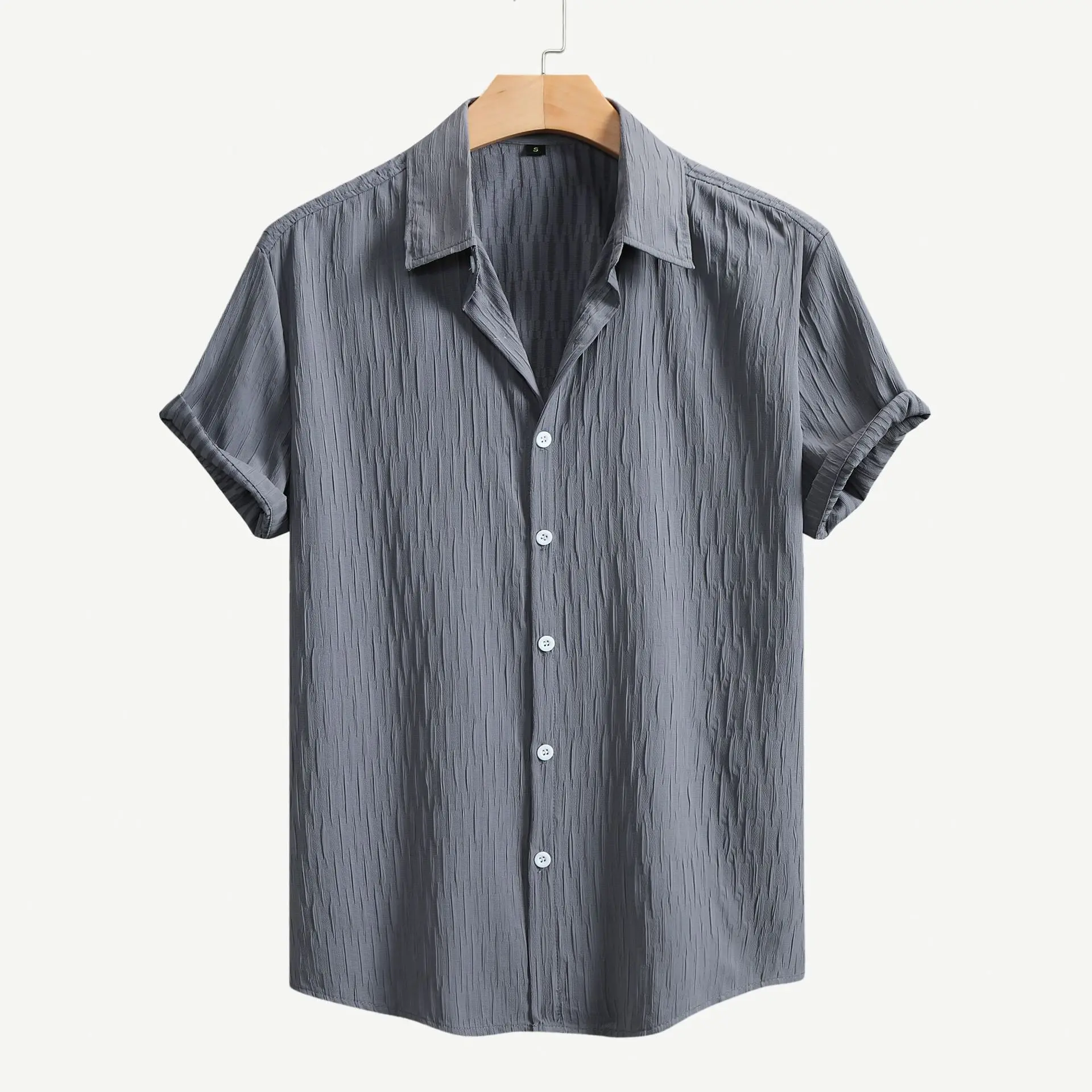 Men's Beach Style Cardigan  Shirt Short Sleeve PU Leather CleanFit Waist-Cinching Mid-Aged And Elderly Suitable 3D Effect