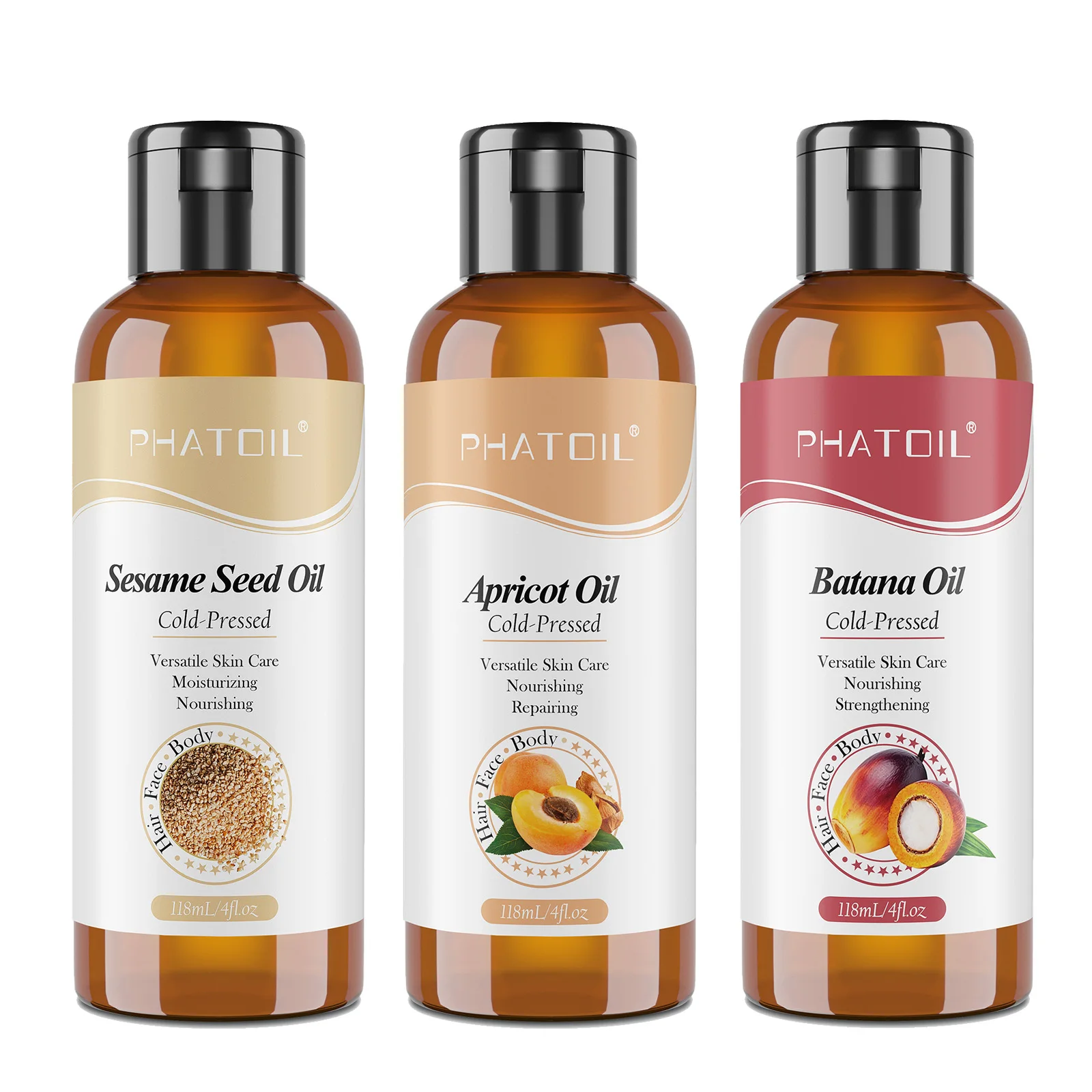 PHATOIL 100% Pure and Natural Carrier Oil for Skin Care Body Massage 118ml Sesame Seed Apricot Batana Oil Facial Moisturizing
