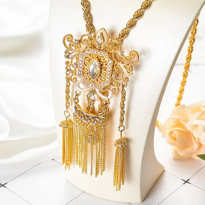 Fatima Algerian Wedding Bride Crystal Necklace Thick Tassel Sweater Chain Arab Caftan Gold Color Necklace Jewelry Free Shipping
