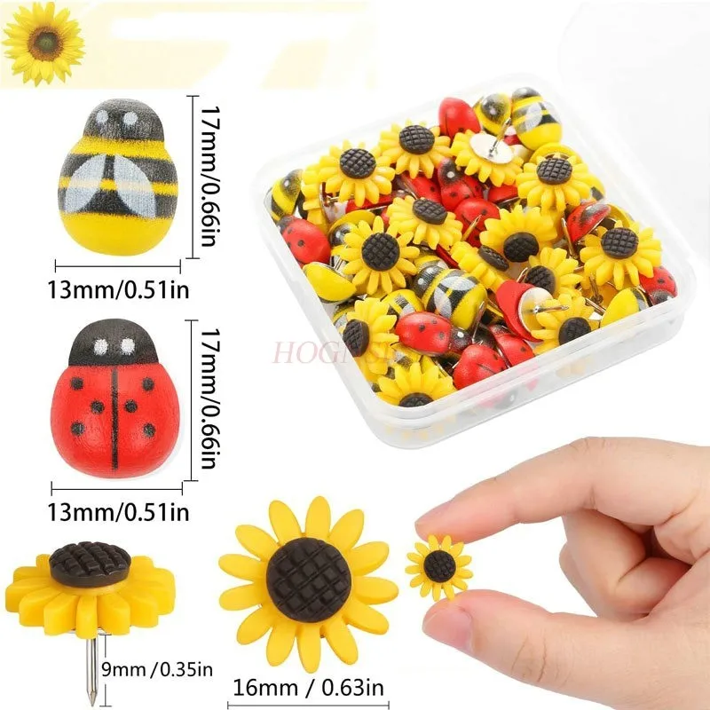 30pcs Cartoon Bee Sunflower Ladybug Thumbnail Creative Handmade Cute Flat Head Thumbnail