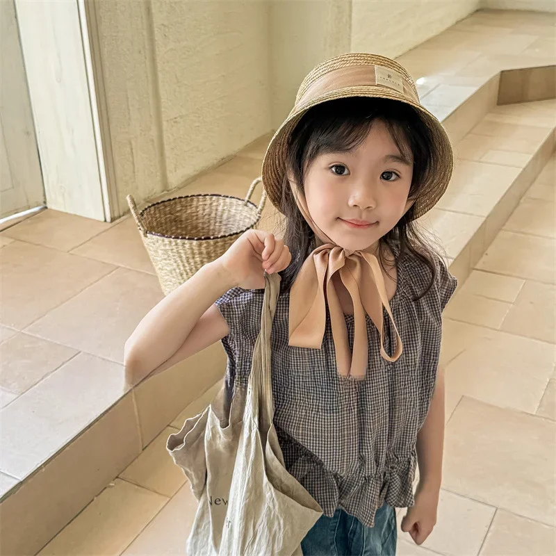 2024 Girls' Summer Checkered Sleeveless Shirt Korean Version Children's Clothing Baby Kids Lace Vest Top