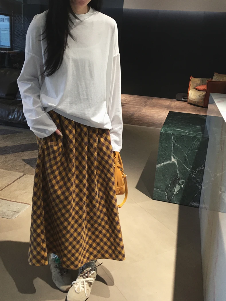 

Cuijia Retro Linen Plaid Elastic Waist Asymmetrical Slimming Hip Covering A-Line f Skirt Women's Spring Loose Fit Print