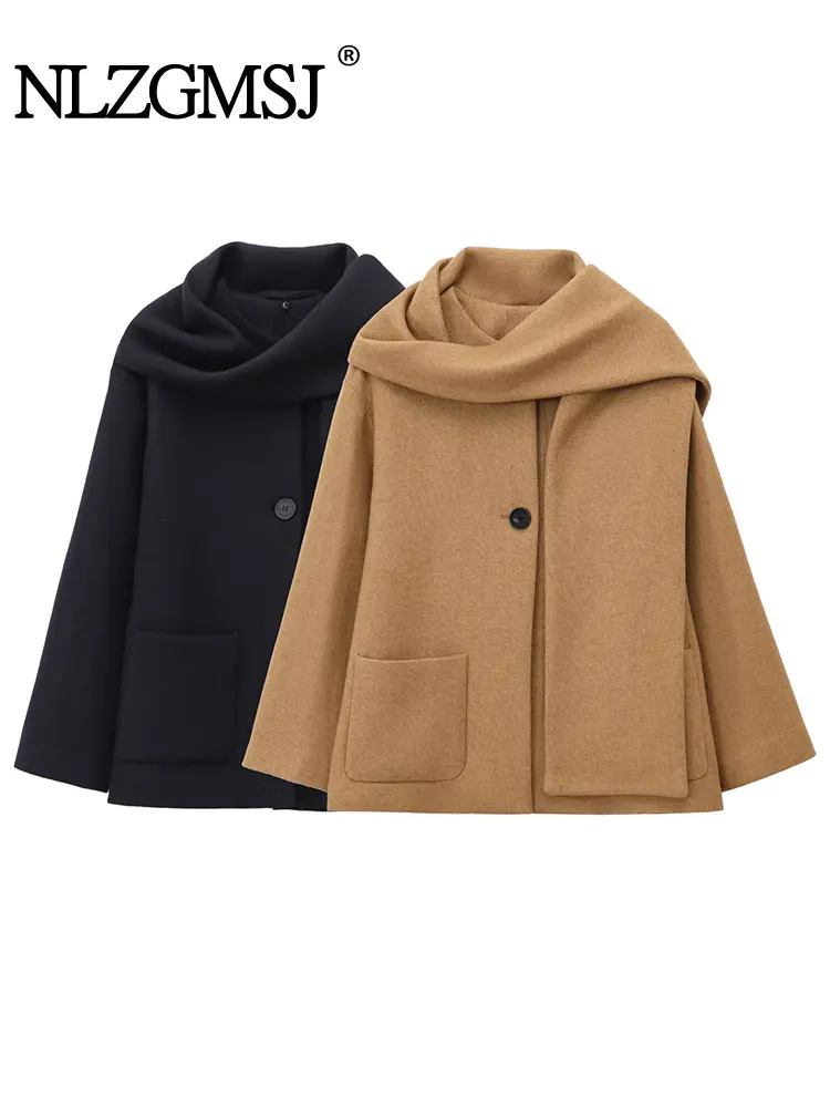 TRAF 2025 Autumn Winter Casual Chic Women Jackets Solid Scarf O-Neck Long Sleeve Coats New Fashion Jacket Outwear