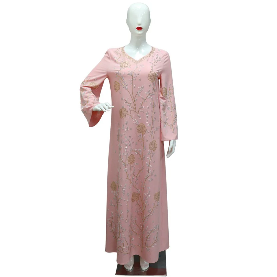 Fashion Eid Muslim Dresses for Woman 2025 New Diamond V Neck Straight Jalabiya Kaftan Islam Vestidos Arab Robe Ramadan Morocco