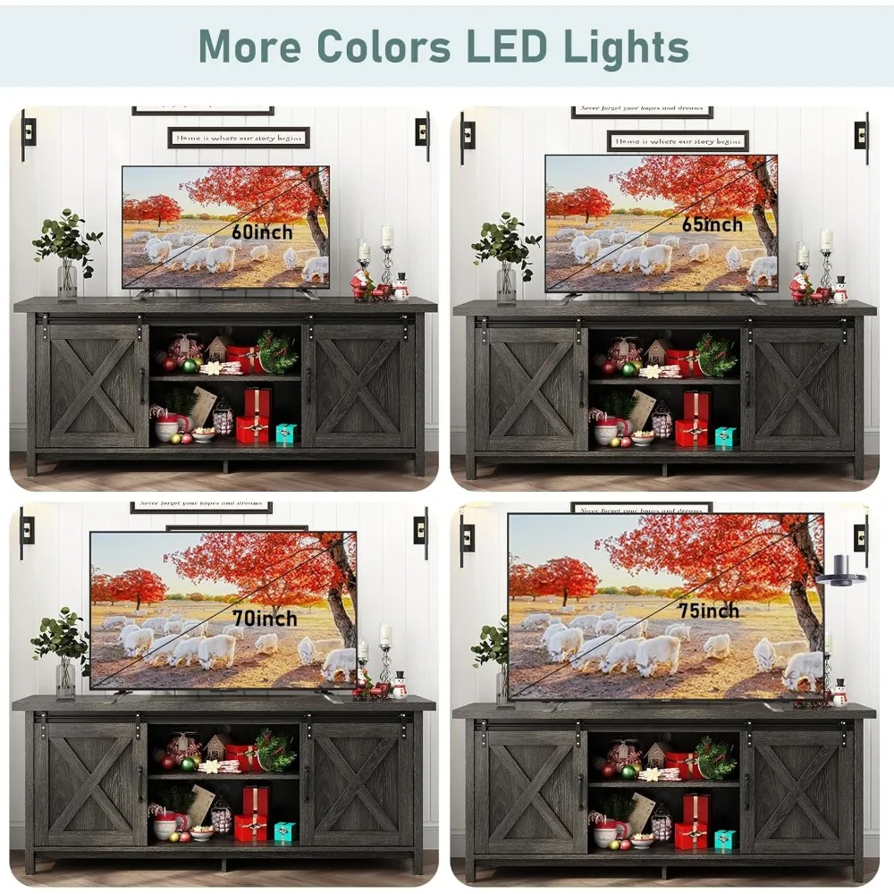 Porta TV rustico con 58 ante scorrevoli per fienile per TV 55-70 - Centro di intrattenimento in legno con ripiani regolabili