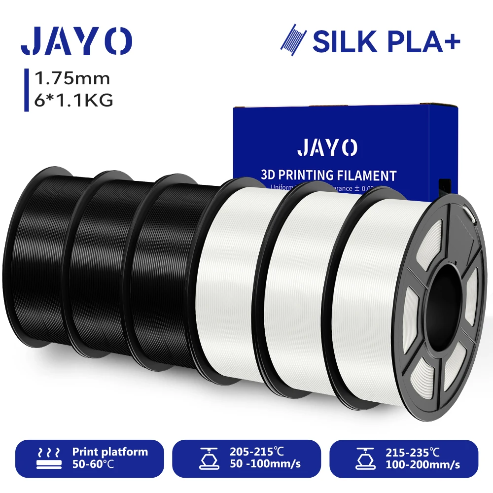JAYO 6 Rollen SILK PLA + Filament 1,75 mm SILK PLA Plus Filament, glatte, seidige, glänzende Oberfläche, 3D-Filament, geeignet für FDM-Drucker