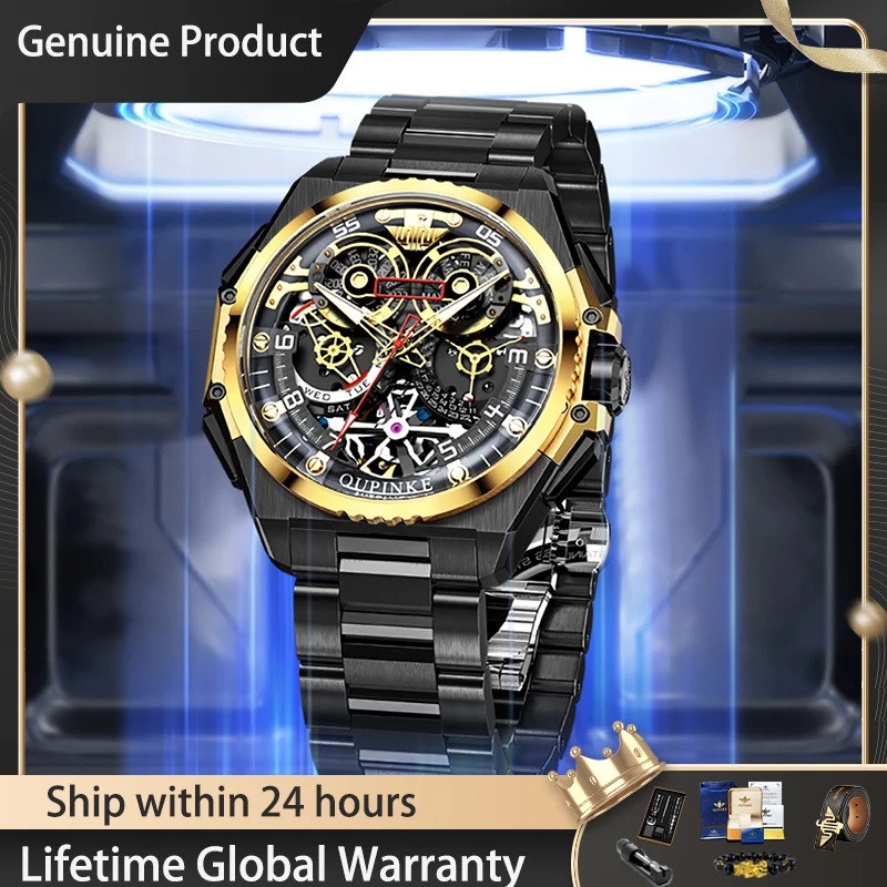 OUPINKE Italian Original Design Mens Watch Skeleton Fully Automatic Mechanical Watch﻿ Waterproof Tungsten Steel Watches For Man