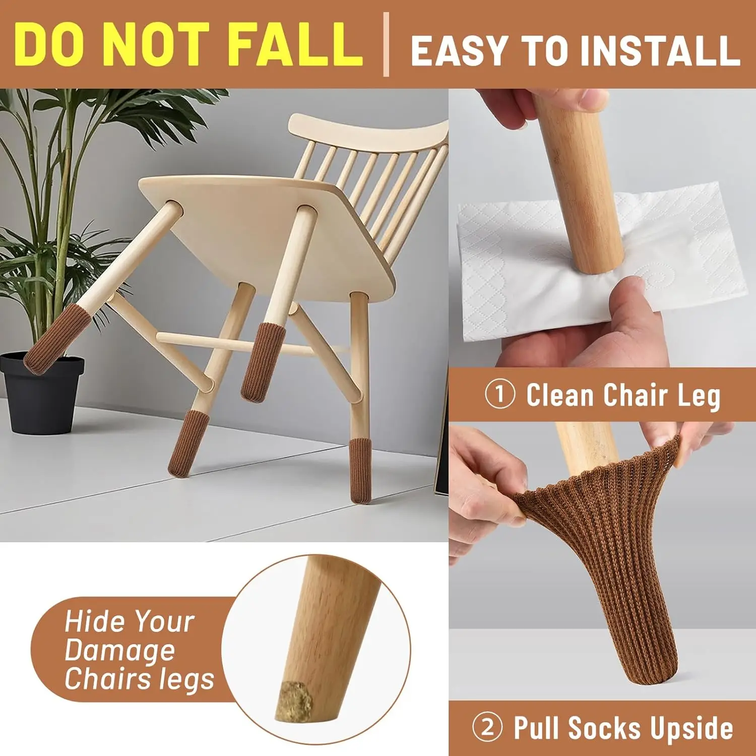 12PCS Brown Knit Leg Socks Double Thick Elastic Leg Covers Floor Protectors for Hardwood Easy Install Noise Reduce for Any Shape