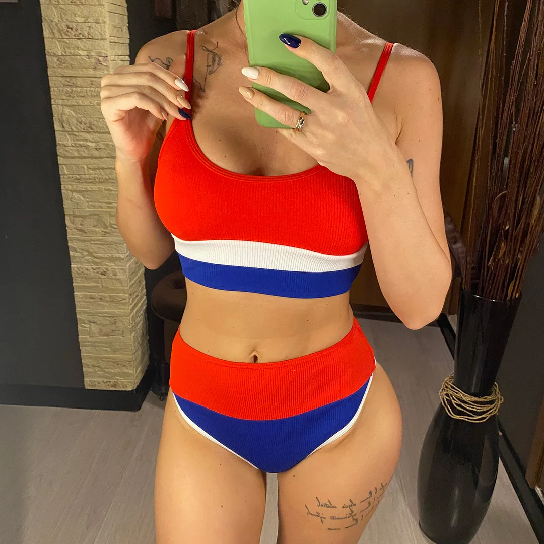 Neuer gerippter, zweiteiliger Damen-Bikini mit hoher Taille, Badeanzug, zweiteiliges Bikini-Set, Badebekleidung, Damen-Badeanzug V2238 – Detail 12