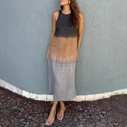 Women's Casual Gradient Tie-Dye Long Dress Spring Round Neck Patchwork Slit Party Dress Summer Sleeveless Loose Boho Beach Dress