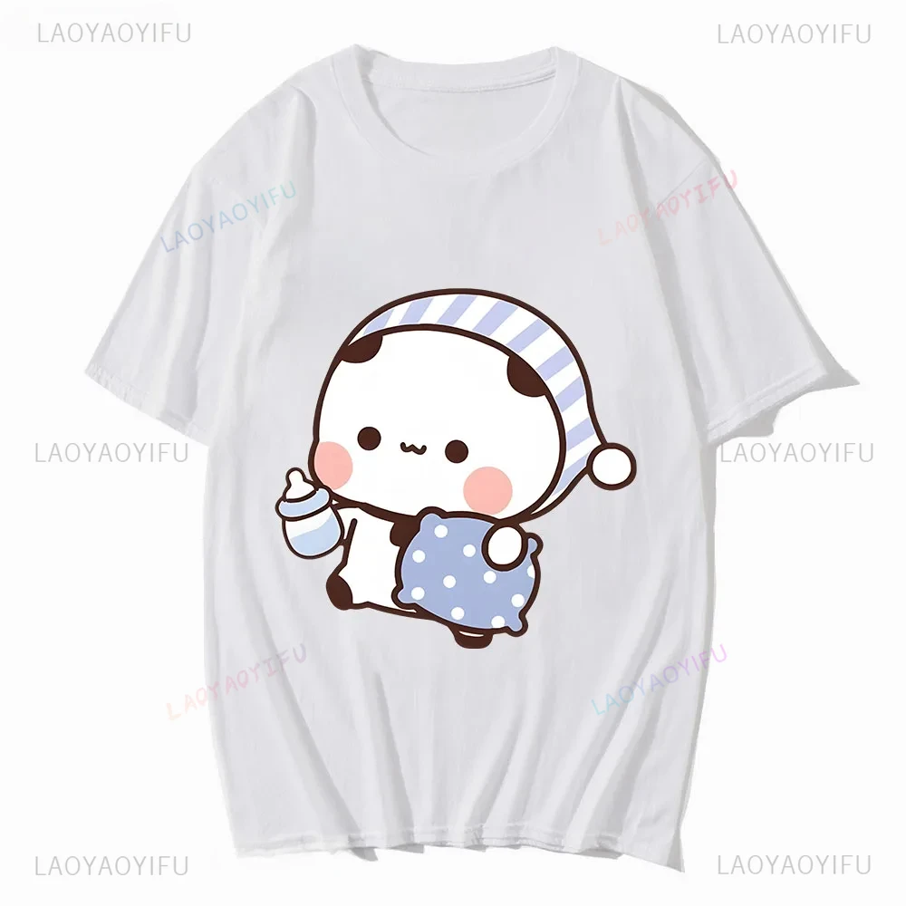 Couple Shirts Kawaii Cute BuBu Panda Going To Sleep with DuDu Bear Graphic Tshirt Funny Cotton Men Women Clothes Short-sleev Tee