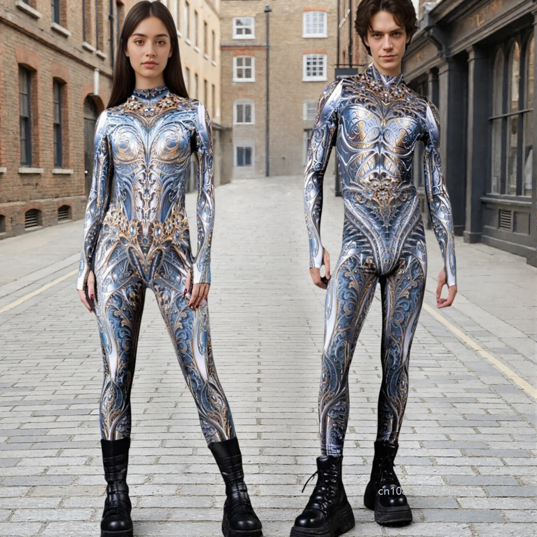 

Couple 3d Ornate Armor Print Bodysuit Full Body Tight Jumpsuit Halloween Cosplay Carnival Morphsuit Party Matching Costume 2026