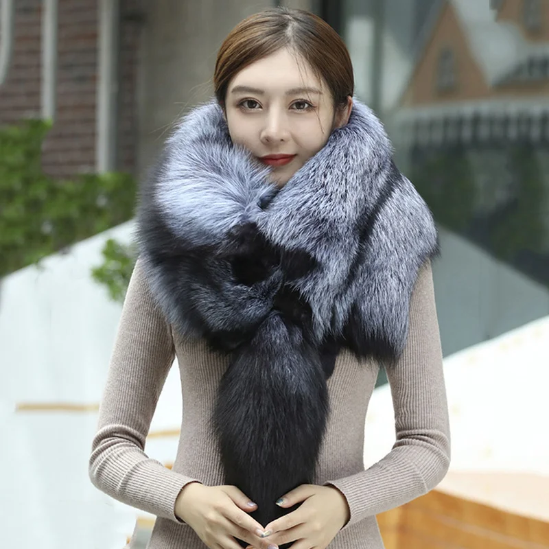 

Unisex Real Fur Fox Scarf Men Woman Winter Warm Natural Fur Shawl Soft Headscarf Super Big Gray Silver Fox Scarf Fur Scarves